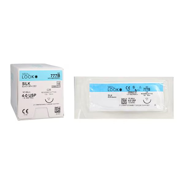 Look Sutures, Silk Black Braided, 4-0, 18" Length, C6 Needle, 12/Box #777B