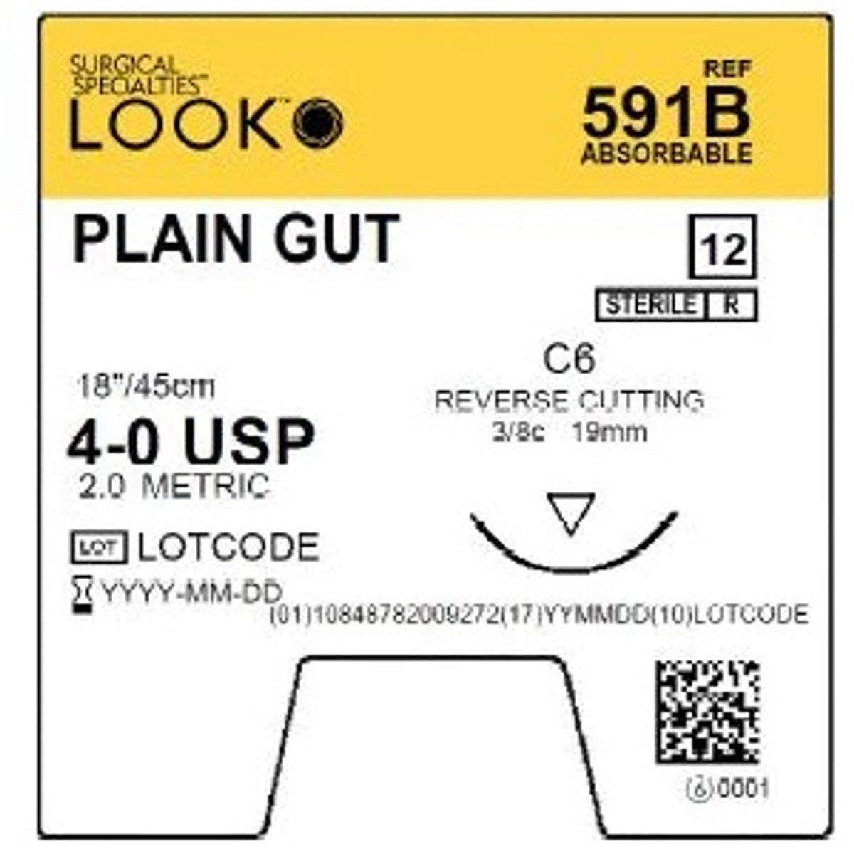 Look Sutures Plain Gut, 4-0 18" Length, C6 Needle, 3/8 Cir. 12/BX