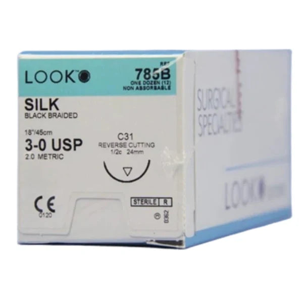 Look Sutures Silk, Black Braided, 3-0, 18" Length, C31 Needle 12/Box