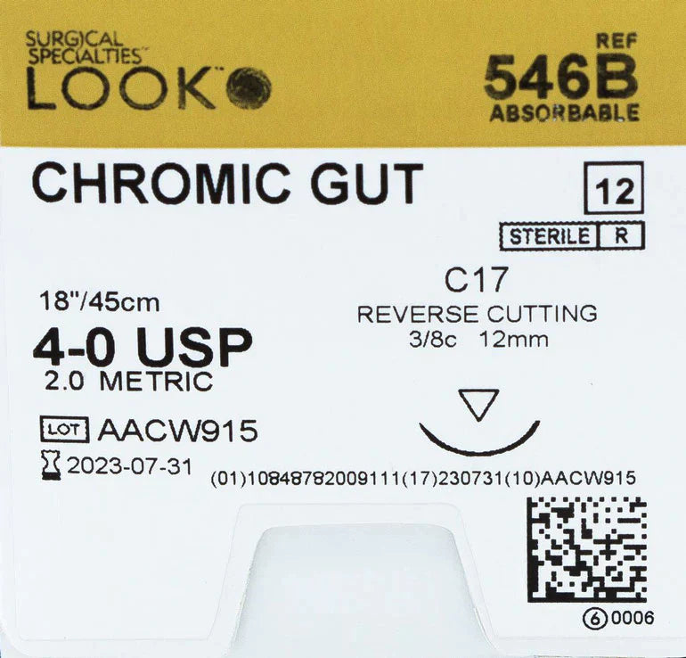 Look Sutures, Chromic Gut, 4-0, 18" Length, C17 Needle, 546B, 12/Box