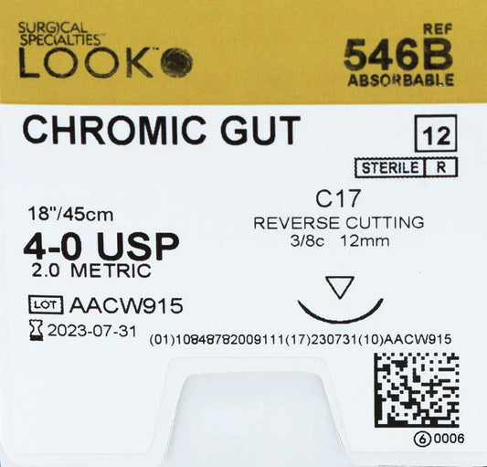 Look Sutures, Chromic Gut, 4-0, 18" Length, C17 Needle, 546B, 12/Box