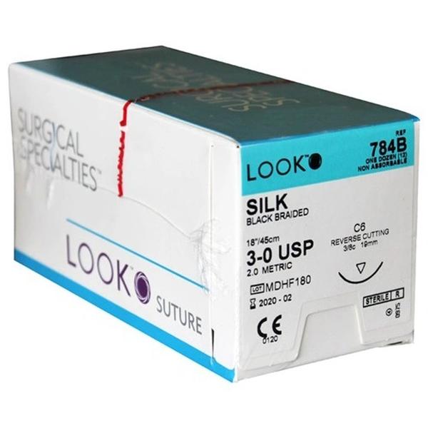 Look Sutures Silk Black, 3-0, 18" Length, C6 Needle, 3/8" Circle 12/Bx