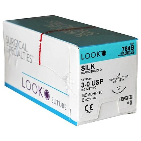 Look Sutures Silk Black, 3-0, 18" Length, C6 Needle, 3/8" Circle 12/Bx
