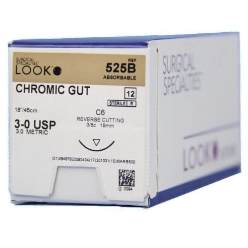 Look Sutures Chromic Gut, 3-0, 18" Length, C6 Needle 12/Box