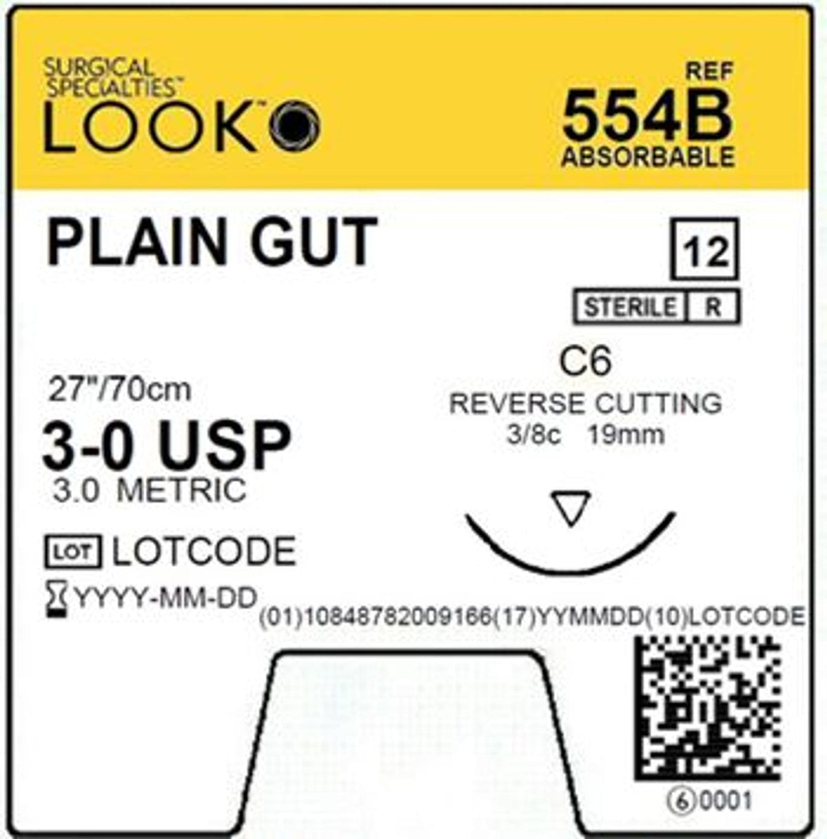 Look Sutures Plain Gut, 3-0, 27" Length, C6 Needle 12/Box
