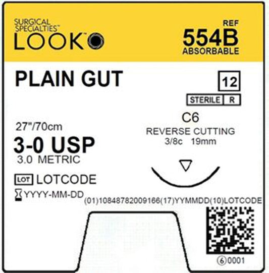 Look Sutures Plain Gut, 3-0, 27" Length, C6 Needle 12/Box