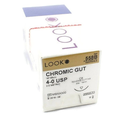 Look Sutures Chromic Gut, 4-0, 18" Length, C6 Needle 12/Box