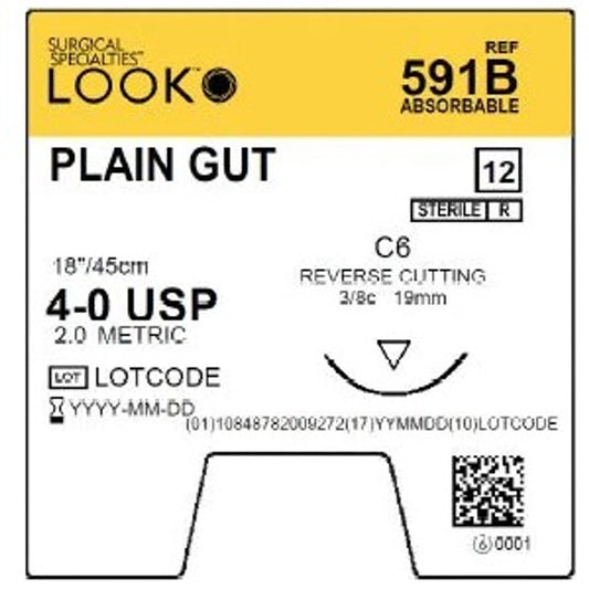 Look Sutures Plain Gut, 4-0 18" Length, C6 Needle, 3/8 Cir. 12/BX