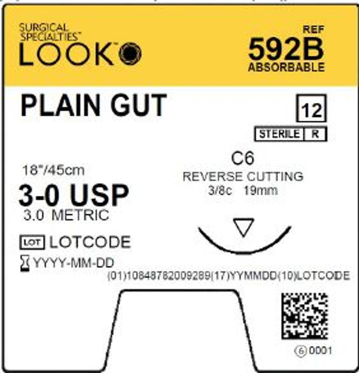 Look Sutures Plain Gut 3-0, 18" Length, C6 Needle 12/Box