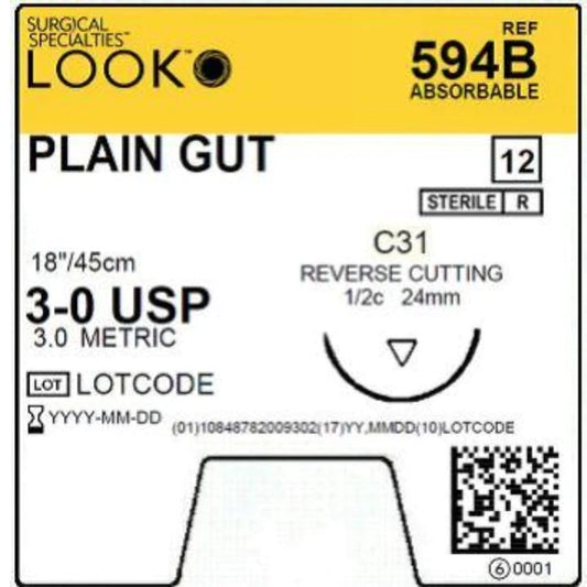 Look Sutures Plain Gut, 3-0, 18" Length, C31 Needle, 1/2 Cir. 12/Box