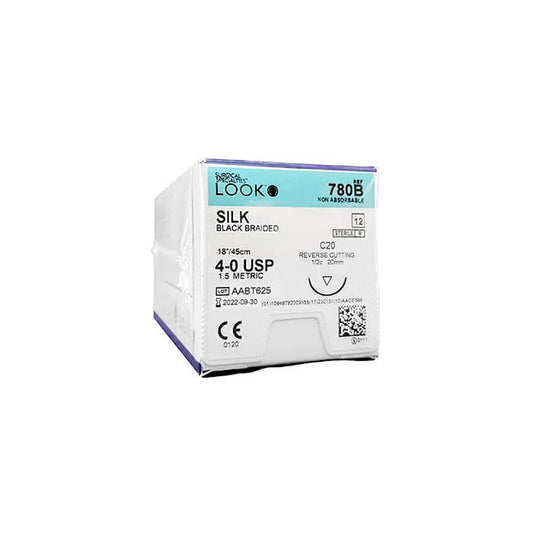 Look Sutures, Silk, Black Braided, 4-0, 18" Length, C20 Needle,12/Box 780B