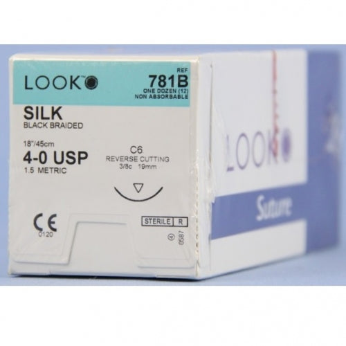 Look Sutures Silk Black Braided, 4-0, 18" Length, C6 Needle 12/Box