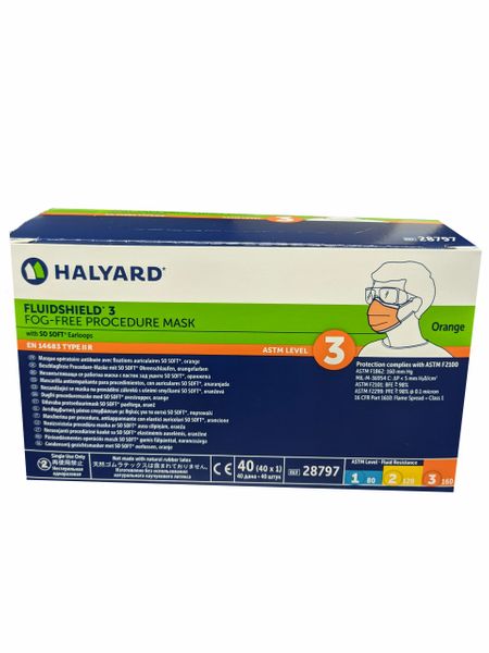 Fog Free Fluid Shield Level 3 Earloop Masks, Orange 40/Box -Halyard #28797