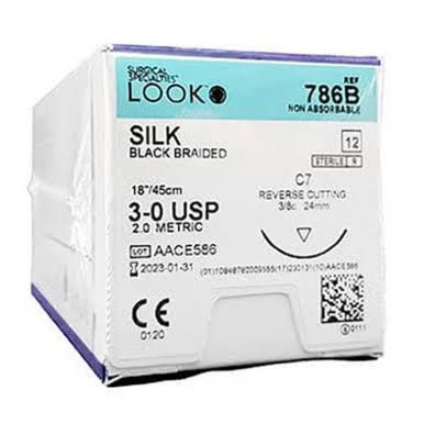 Look, Sutures Silk Black Braided, 3-0, 18" Length, C7 Needle 12/Box #786B